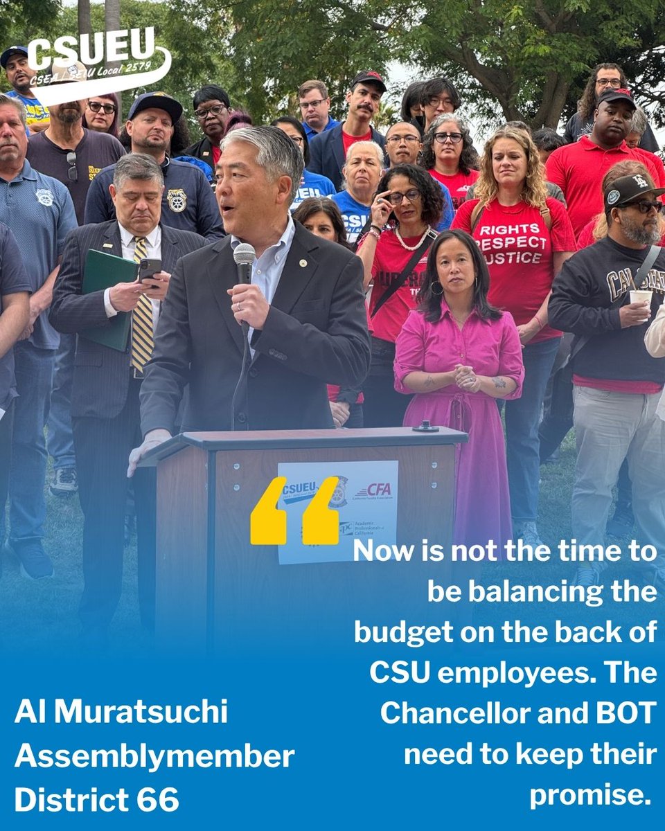 CA Budget Act 2025 is clear: Full funding for the CSU so that it can fulfill its mission to students and commitments to staff. We greatly appreciate Legislators <a href="/AsmMikeGipson/">Asm. Mike A. Gipson</a> <a href="/AsmMuratsuchi/">Asm. Al Muratsuchi</a> for leading the call for the CSU to Keep Your Promise.