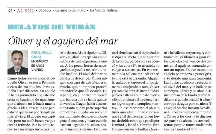 Fundación EXPONAV (@exponav) on Twitter photo 📰El secretario de Exponav, Raúl Villa Caro <a href="/rvilcar/">Raúl Villa Caro</a> , publica una vez más en <a href="/lavozdegalicia/">La Voz de Galicia</a> un relato de verano que, por supuesto, tiene al mar como protagonista.
lavozdegalicia.es/noticia/relato… 📰El secretario de Exponav, Raúl Villa Caro <a href="/rvilcar/">Raúl Villa Caro</a> , publica una vez más en <a href="/lavozdegalicia/">La Voz de Galicia</a> un relato de verano que, por supuesto, tiene al mar como protagonista.
lavozdegalicia.es/noticia/relato…