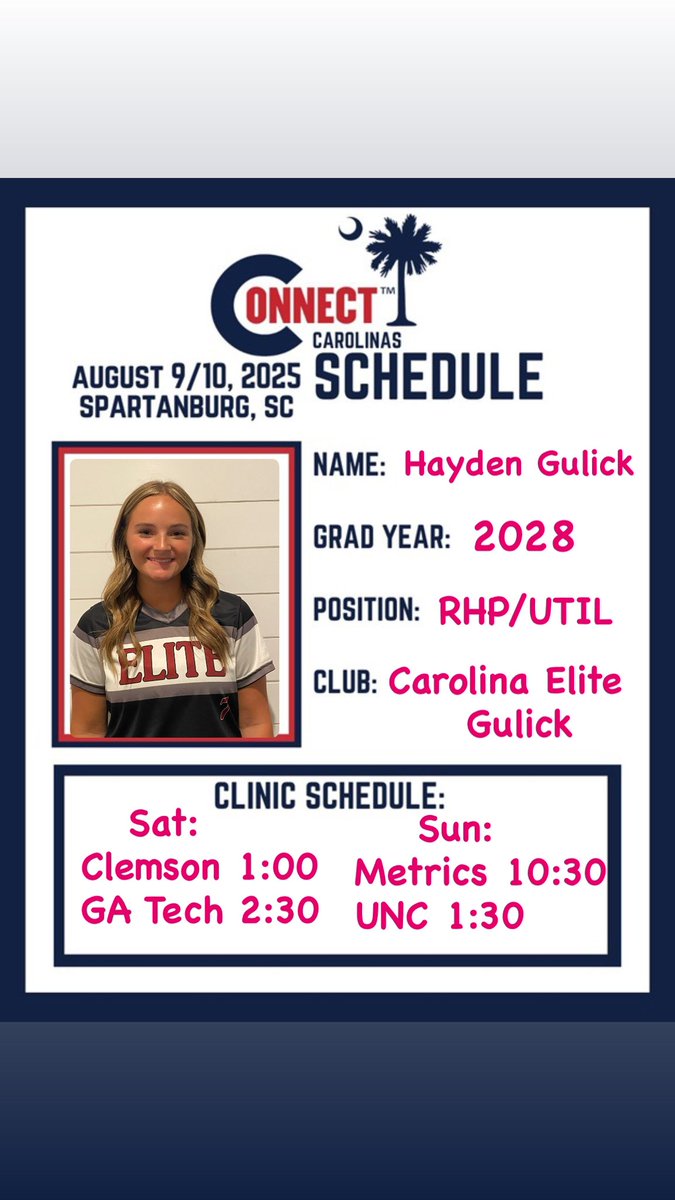 Connect camp this weekend!!! can’t wait to see everyone <a href="/clemsonsoftball/">Clemson Softball 🥎</a> <a href="/GaTechSoftball/">Georgia Tech Softball 🥇🥇🥇🥇🥇</a> <a href="/dixson_erin/">Erin Dixson</a> <a href="/UNCSoftball/">Carolina Softball</a> <a href="/EliteGulick09/">Carolina Elite Gulick</a> <a href="/CarEliteNCorg/">@CarolinaEliteOrg</a>