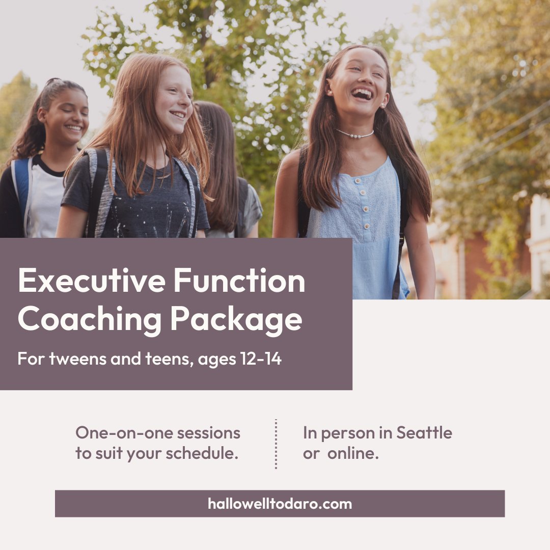 Help your 12–14-year-old start the school year with more confidence and practical tools that really work. 🧠✨

Check out this #executivefunction coaching package, available in person (Seattle) or online.   

Sign up now: hallowelltodaro.com/summer-executi…