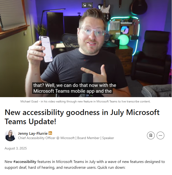 Jenny Lay-Flurrie (@jennylayfluffy) on Twitter photo Slew of new #accessibility features in <a href="/MicrosoftTeams/">Microsoft Teams</a> to support deaf, hard of hearing, and neurodiverse.
Includes Real Time Text (RTT), Automatic notetaking, Live interpretation in 9 languages, Sign Language Detection Mode, Transcription with/without recording.. and more! Slew of new #accessibility features in <a href="/MicrosoftTeams/">Microsoft Teams</a> to support deaf, hard of hearing, and neurodiverse.
Includes Real Time Text (RTT), Automatic notetaking, Live interpretation in 9 languages, Sign Language Detection Mode, Transcription with/without recording.. and more!