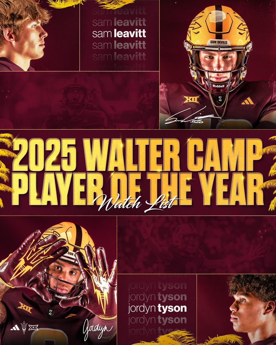 Sun Devil Football (@asufootball) on Twitter photo Walter Camp POTY Watch List π
Leavitt & Tyson named to the <a href="/WalterCampFF/">Walter Camp Football</a> POTY watch list!
#ForksUp /// #ActivateTheValley Walter Camp POTY Watch List π
Leavitt & Tyson named to the <a href="/WalterCampFF/">Walter Camp Football</a> POTY watch list!
#ForksUp /// #ActivateTheValley