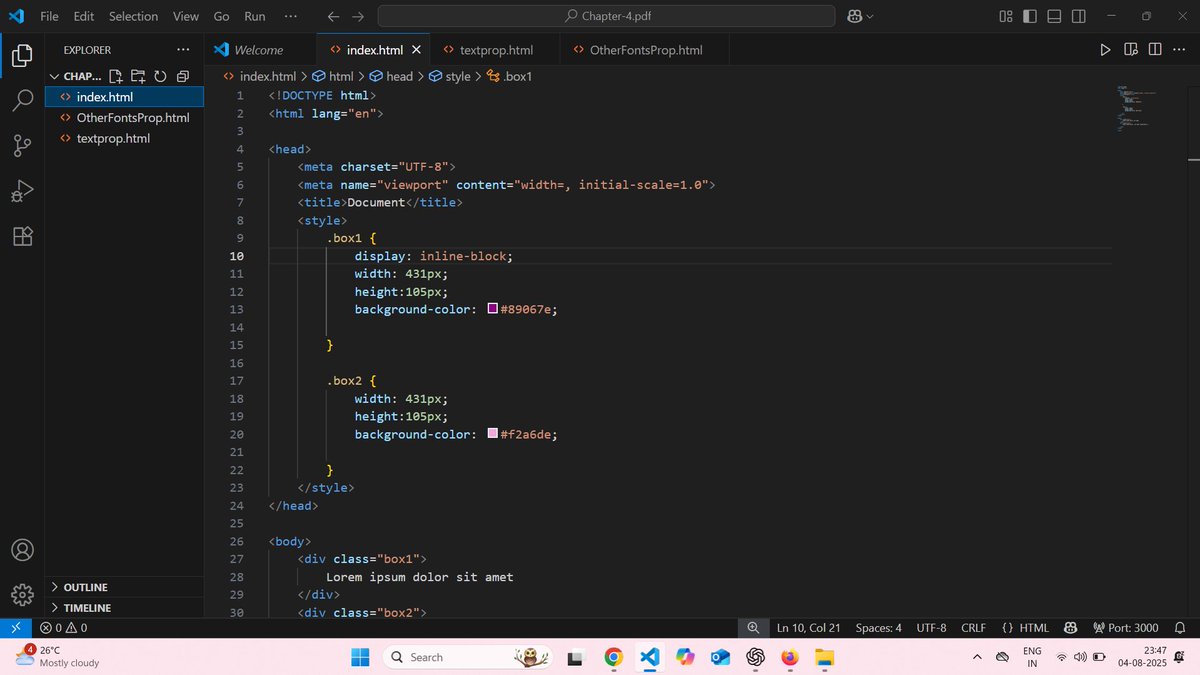 kritika_exe's tweet image. Day 4 of #30DaysOfCode ✅
Finished up font and display stuff in CSS today —
played around with font-family, font-style, font-variant, and display types like inline, block, inline-block, none.