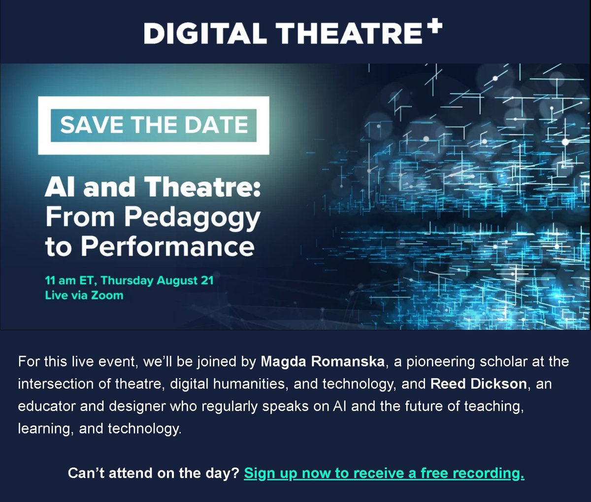 🎭💻📲🧠Theatre friends! Coming up on August 21 - free webinar "AI and Theatre: From Pedagogy to Performance" at Digital Theatre+

#digitaltheatre #AIandArt #aiandtheatre 

SIGN UP: digitaltheatreplus.com/ai-theatre-ped…?