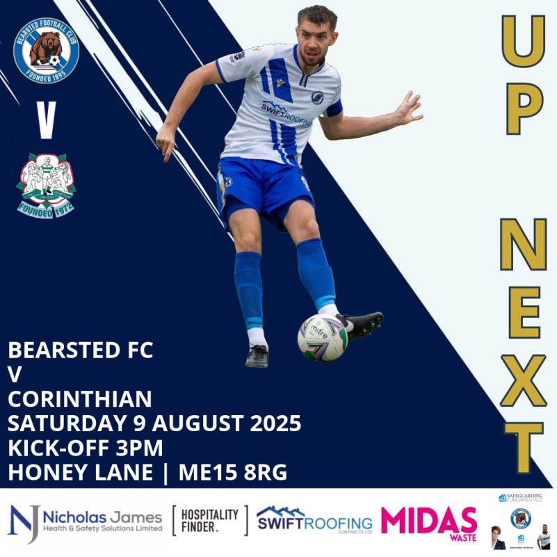 Bearsted_FC's tweet image. Up next
🆚 Corinthian
🗓️ Saturday 9 August 2025
⏰ KO 3pm (turnstiles open 2pm)
🏟️ Honey Lane - ME15 8RG
🏆 SCEFL Premier Division
🍔 Food and drinks available
🎟️ Entry: £10 adults u11 free (with a full paying adult). Card payments only on entry
#bearstedfc #bears #football…