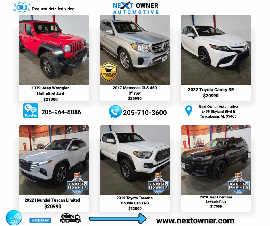 NextOwnerAuto's tweet image. 🚗 Hot deals in Tuscaloosa!
Jeep, Mercedes, Toyota, Hyundai, &amp;amp; more!
✅ Free delivery (150 miles)
✅ Financing for all credit types
📞 Call: 205-710-3600 | 📲 Text: 205-964-8886
Shop now: nextowner.com