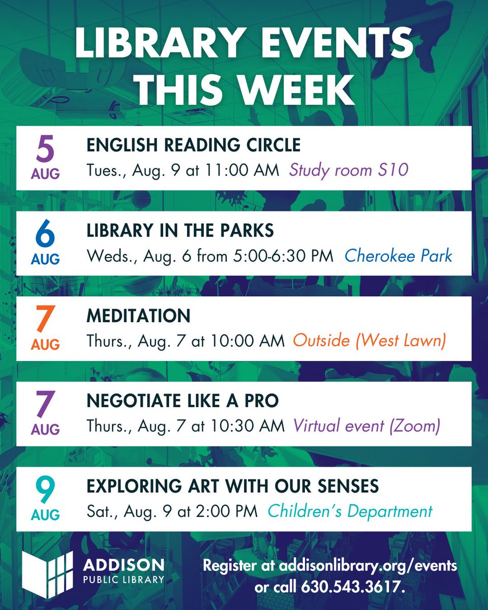From meditation on the lawn to sensory art for little ones, there’s an event for everyone this week!

Register at addisonlibrary.org/events or call 630.543.3617.
