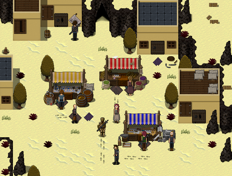 Screenshot of 2 of my tilesets :)
(Desert + Market)
#Pixelart #Rpgmaker