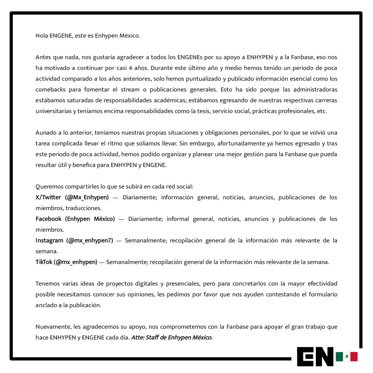 ENGENEs de México, favor de leer la imagen 🔥🤗 de antemano, les agradecemos su atención y esperamos que nos puedan apoyar con su participación en el formulario ❤️‍🔥⬇️

🔗 forms.gle/Ft64LbM28247wb…

<a href="/ENHYPEN_members/">ENHYPEN</a>
© 🌟🐧 Enhypen México 🇲🇽