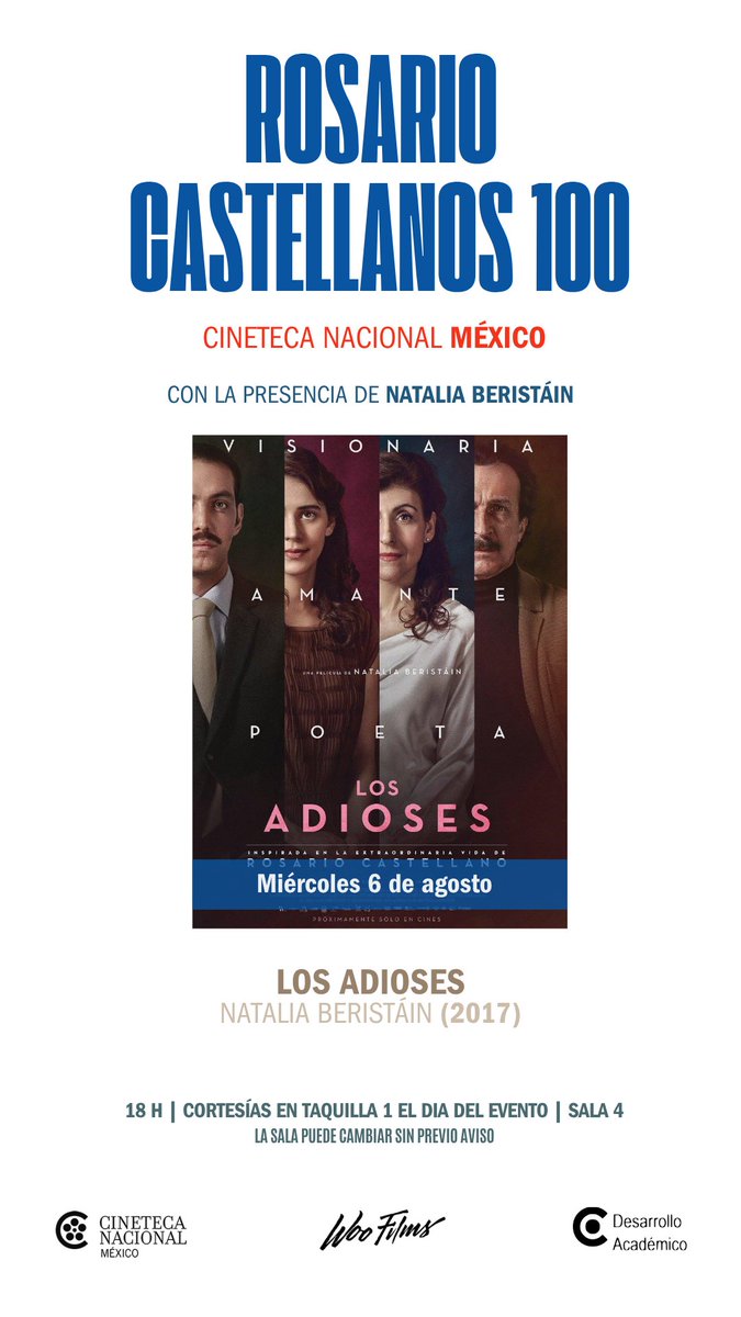 #EventoGratuito 📽️🎟️

Acompáñanos al cierre del ciclo ROSARIO CASTELLANOS 100 con la proyección de la cinta LOS ADIOSES (Natalia Beristáin, 2017), sigue el paso de la literata por una sociedad patriarcal y una turbulenta historia de amor.

La sesión contará con la presencia de la