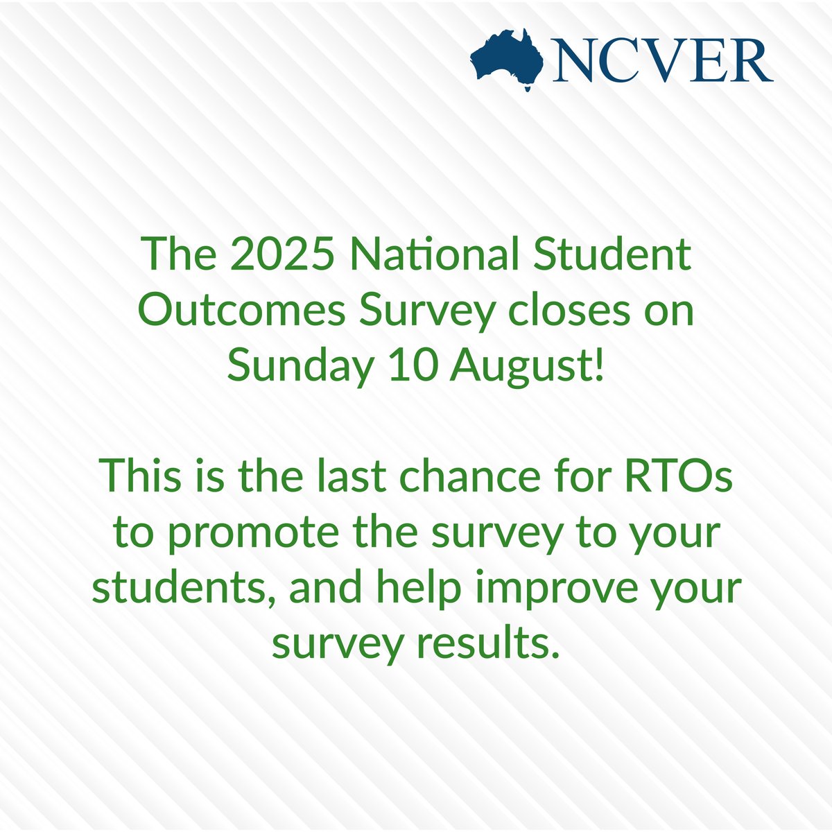 ⏰ The 2025 #NationalStudentOutcomesSurvey closes on Sunday 10 August! RTOs with enough responses can access their results via the RTO Outcomes Explorer, which will be available from February 2026.

Access our free promo kit 👉 loom.ly/tzm5ct4
