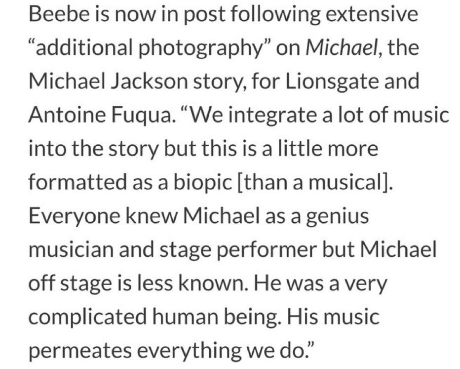 Quote from Dion Beebee, the cinematographer for #MichaelMovie: “We integrate a lot of music into the story but this is a little more formatted as a biopic [than a musical].”