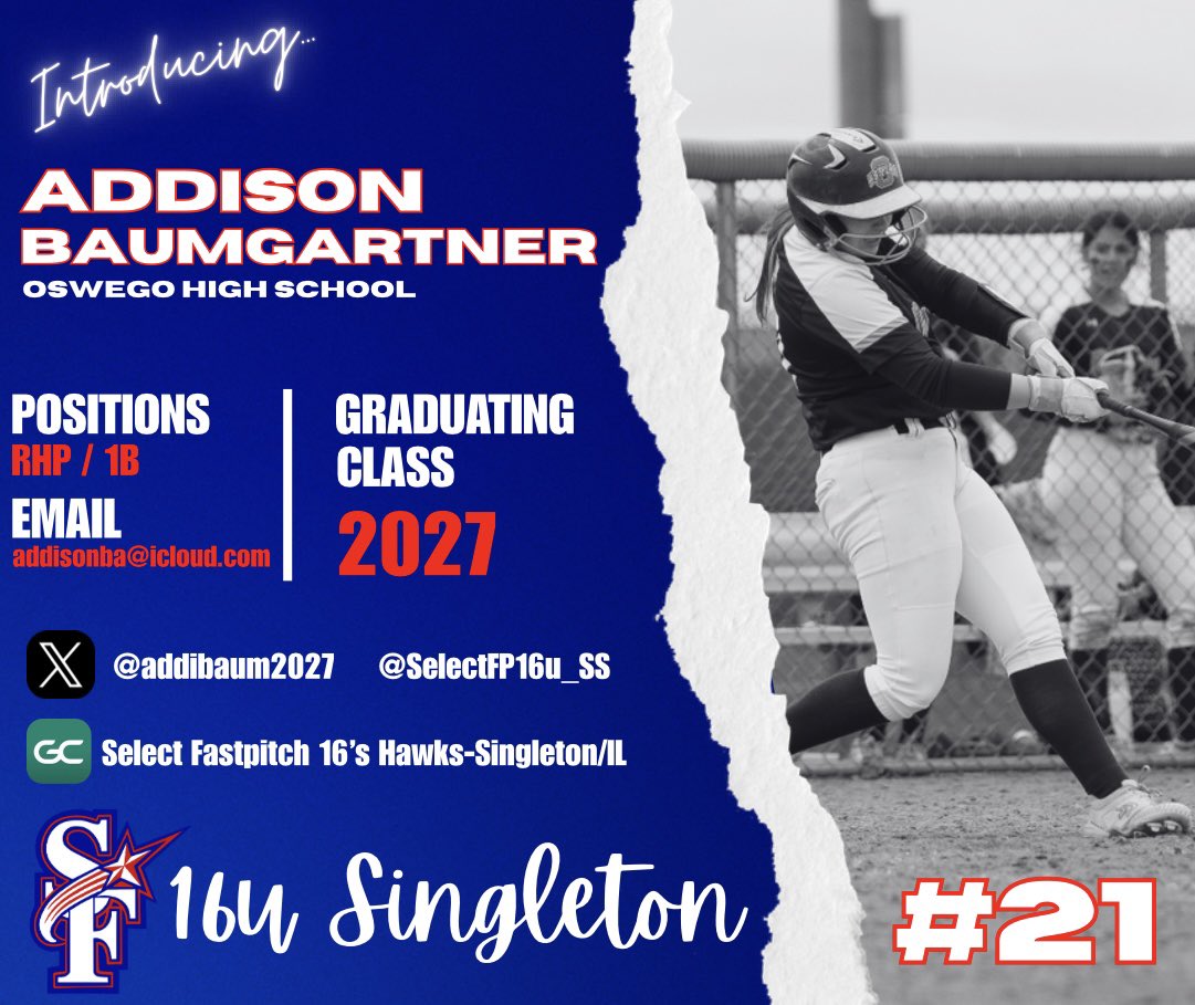Next up!! 2027 # 21 <a href="/Addibaum2027/">Addison Baumgartner</a> !! Addi is a right handed pitcher/1st baseman from Oswego High School! Great spin and speed from the mound! Great pop on offense! So excited to have her aboard the crew this season!!