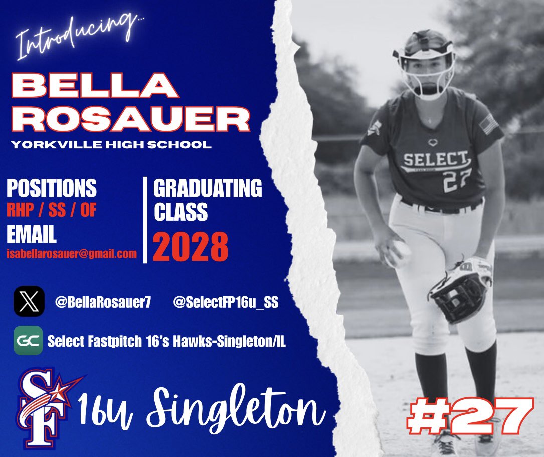 Select Fastpitch 18u - SS (@selectfp18u_ss) on Twitter photo Next up!! 2028 # 27 <a href="/BellaRosauer7/">Isabella Rosauer 2028</a> !! Bella is a right handed pitcher/utility from Yorkville High School! Great movement/speed on the mound that keeps hitters off balance! Strong bat offensively! Can not wait to get to work with her this season! Next up!! 2028 # 27 <a href="/BellaRosauer7/">Isabella Rosauer 2028</a> !! Bella is a right handed pitcher/utility from Yorkville High School! Great movement/speed on the mound that keeps hitters off balance! Strong bat offensively! Can not wait to get to work with her this season!