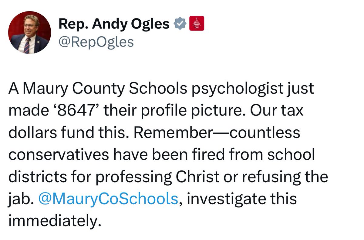 Libs of TikTok (@libsoftiktok) on Twitter photo UPDATE: Rep Andy Ogles is now calling on <a href="/MauryCoSchools/">MauryCoPublicSchools</a> to investigate the school psychologist who shared “8647” after LoTT expose UPDATE: Rep Andy Ogles is now calling on <a href="/MauryCoSchools/">MauryCoPublicSchools</a> to investigate the school psychologist who shared “8647” after LoTT expose
