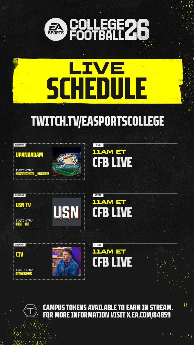 UP AND ADAM (@upandadam11) on Twitter photo Back tomorrow with more CFB Live on the <a href="/EASPORTSCollege/">EASPORTSCollege</a> twitch channel.
🕐11AM - 1PM EST🕐
Let’s discuss what happened with rush and what to do next.
2x Tokens can be earned (15 minutes/30 minutes)
3x CUT Giveaways (Cornelius Bennett + Malik Muhammad + Sawyer Back tomorrow with more CFB Live on the <a href="/EASPORTSCollege/">EASPORTSCollege</a> twitch channel.
🕐11AM - 1PM EST🕐
Let’s discuss what happened with rush and what to do next.
2x Tokens can be earned (15 minutes/30 minutes)
3x CUT Giveaways (Cornelius Bennett + Malik Muhammad + Sawyer