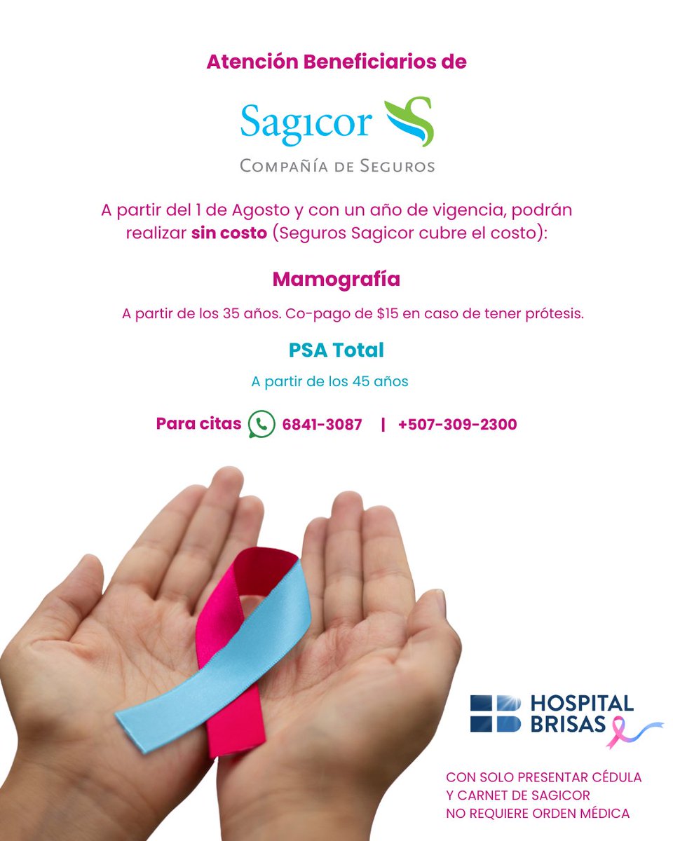 HospitalBrisas's tweet photo. Atención beneficiarios de Sagicor
Con solo presentar tu cédula y carnet vigente de Sagicor (mínimo 1 año de cobertura), puedes realizarte los siguientes exámenes sin costo adicional:
🔹 Mamografía – A partir de los 35 años.
🔹 PSA Total – A partir de los 45 años. https://t.co/1r0DNh1wpq