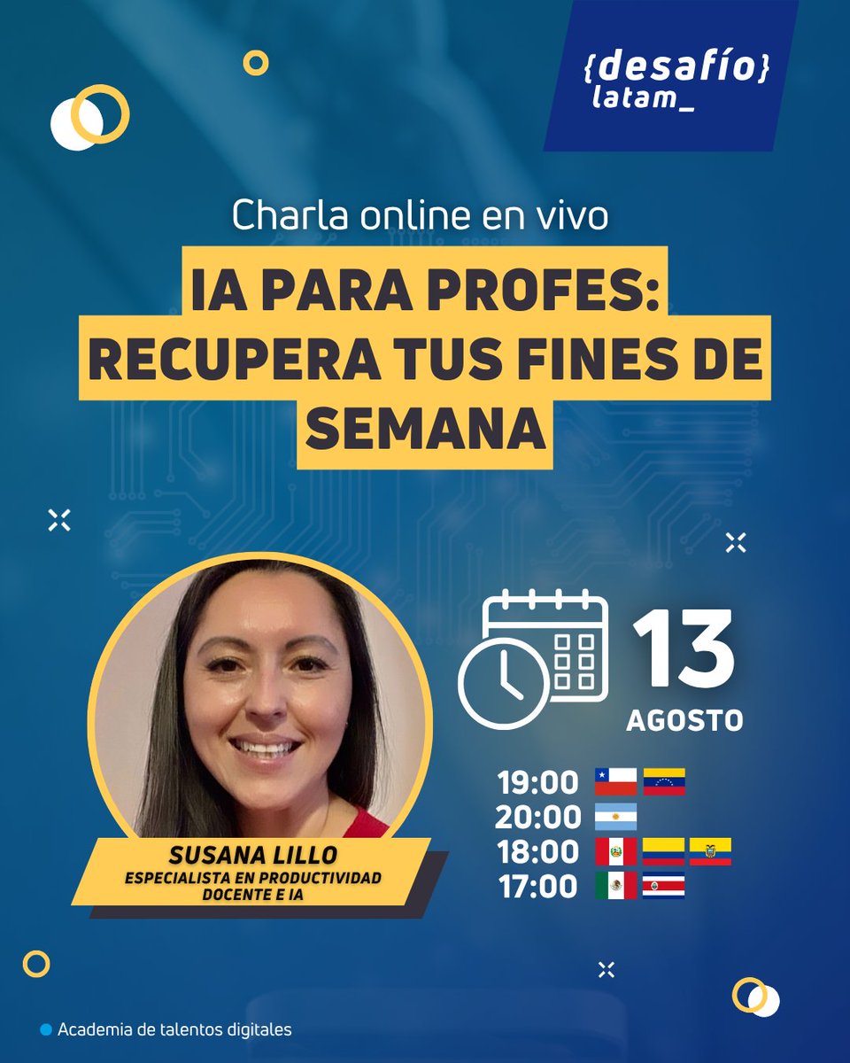 Te invitamos a una charla online y gratuita que está cambiando las reglas del juego para los profes en Chile y Latam:

"𝗜𝗔 𝗽𝗮𝗿𝗮 𝗣𝗿𝗼𝗳𝗲𝘀: 𝗥𝗲𝗰𝘂𝗽𝗲𝗿𝗮 𝘁𝘂𝘀 𝗙𝗶𝗻𝗲𝘀 𝗱𝗲 𝗦𝗲𝗺𝗮𝗻𝗮"

🔴Inscríbete GRATIS hubs.ly/Q03Bg93P0

¡𝗥𝗲𝘀𝗲𝗿𝘃𝗮 𝘁𝘂 𝗰𝘂𝗽𝗼!