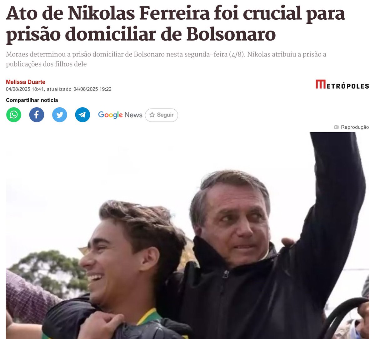 masffi's tweet photo. @nikolas_dm NIKOLE, SUA AMIGA DA ONÇA, OBRIGADO PELA PRISÃO DO INÚTIL! #bolsonaropreso #URGENTE https://t.co/ySCYl54uEs