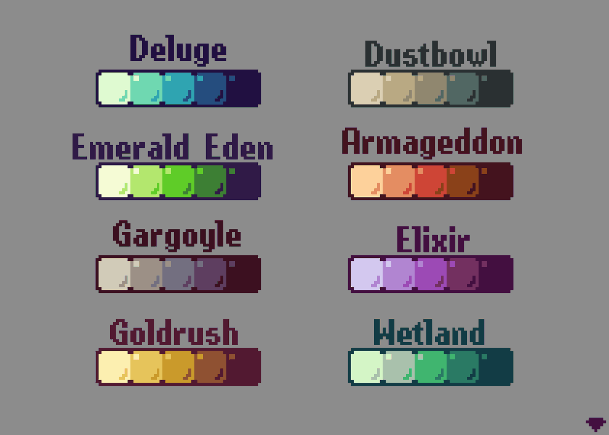 mirrutatep's tweet photo. I made some brand new 5-color palettes!

Tell me your favorites!

#pixelart https://t.co/cCsWzmGsCd