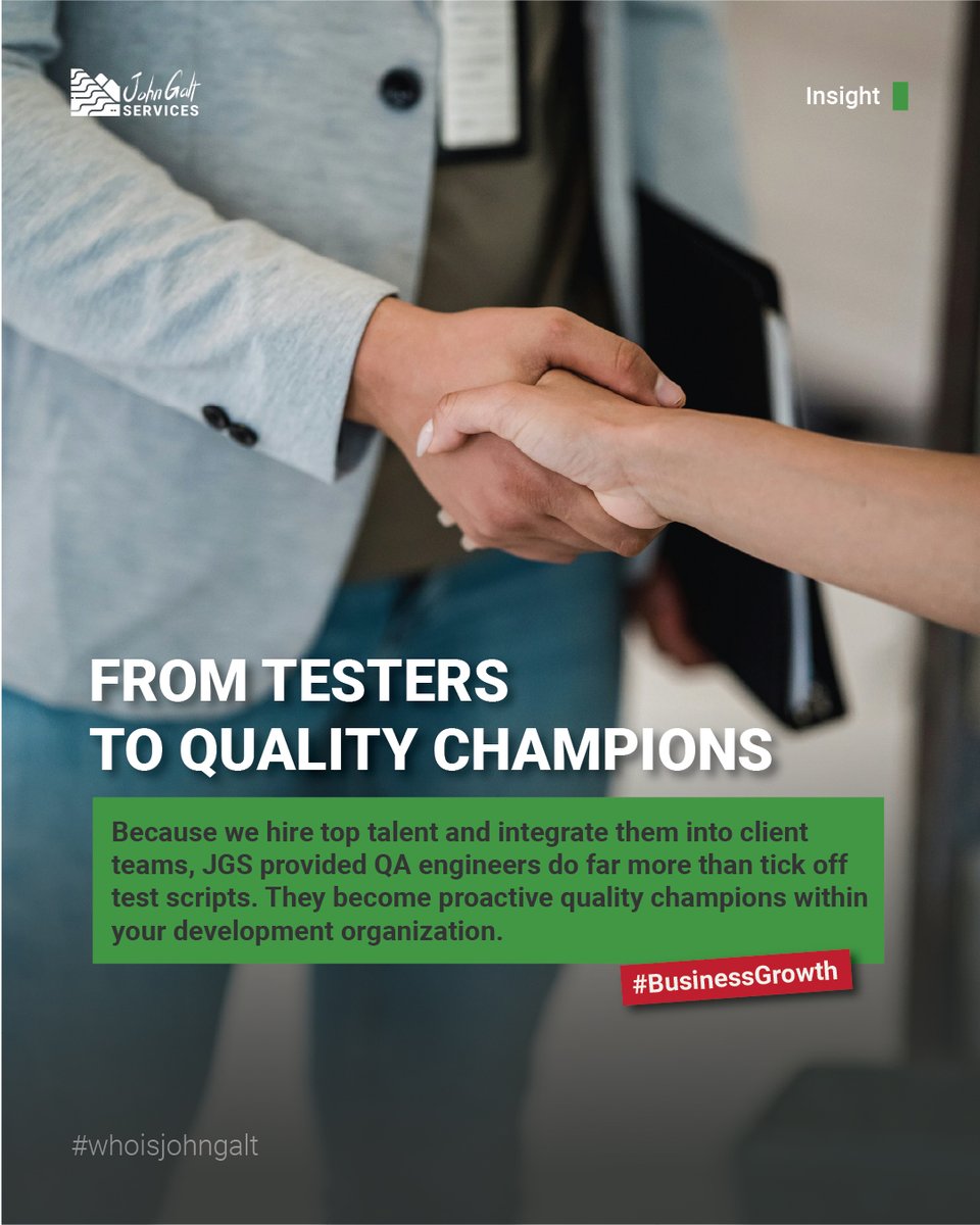 At JGS, we don’t hand you script-ticking testers.

We embed quality champions into your dev teams, professionals who think critically, catch the unexpected, and raise the bar for your entire product.

✔️ Integrated.
✔️ Proactive.
✔️ Strategic partners in your success.

Because