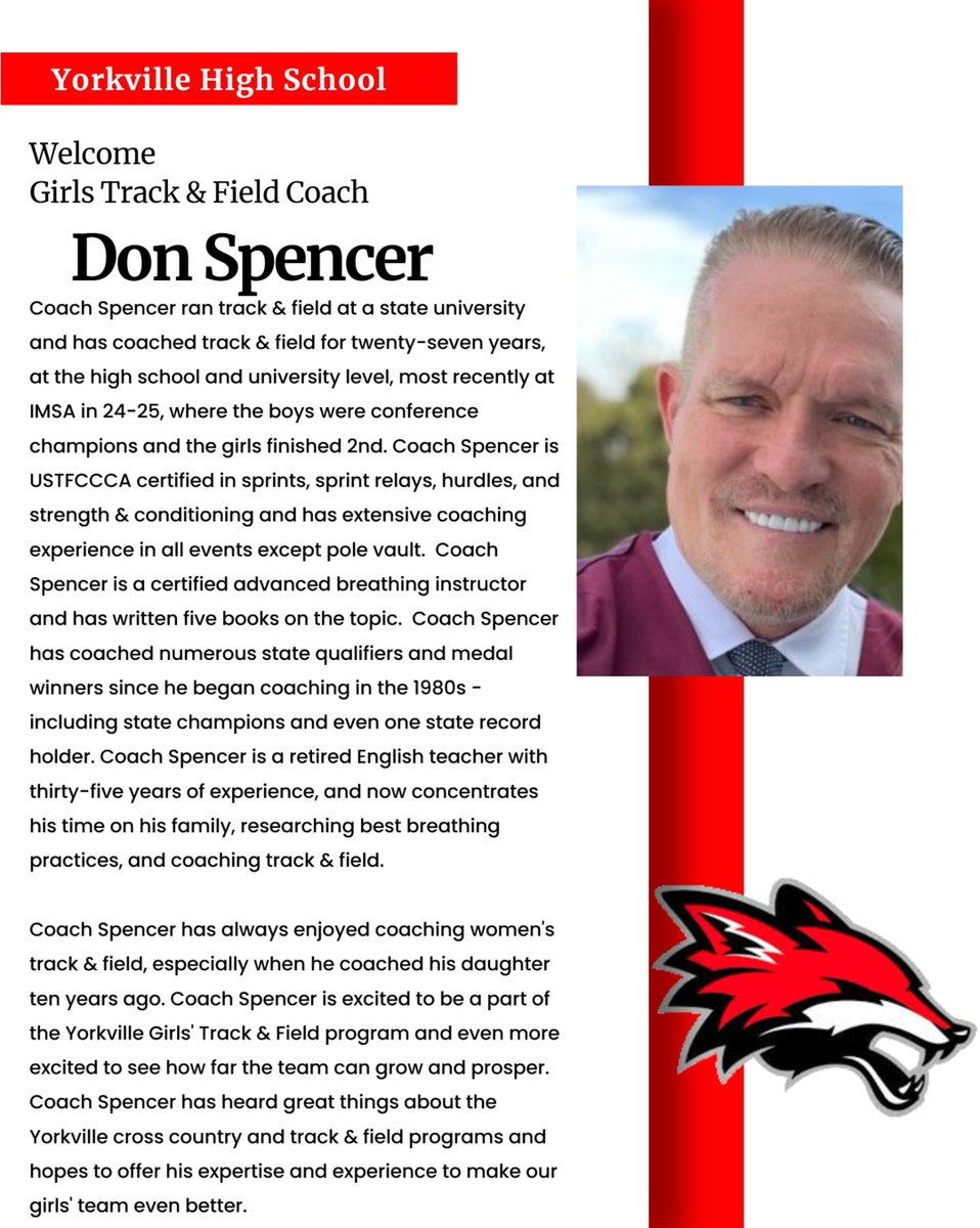 Yorkville Foxes (@yhsathletics115) on Twitter photo Please welcome Coach Don Spencer as our new Head Girls Track & Field Coach! Coach Spencer's knowledge and experience will serve him well as he takes over the Foxes <a href="/RunYHS/">Yorkville CC/T&F</a> Girls Track & Field Program! Please welcome Coach Don Spencer as our new Head Girls Track & Field Coach! Coach Spencer's knowledge and experience will serve him well as he takes over the Foxes <a href="/RunYHS/">Yorkville CC/T&F</a> Girls Track & Field Program!