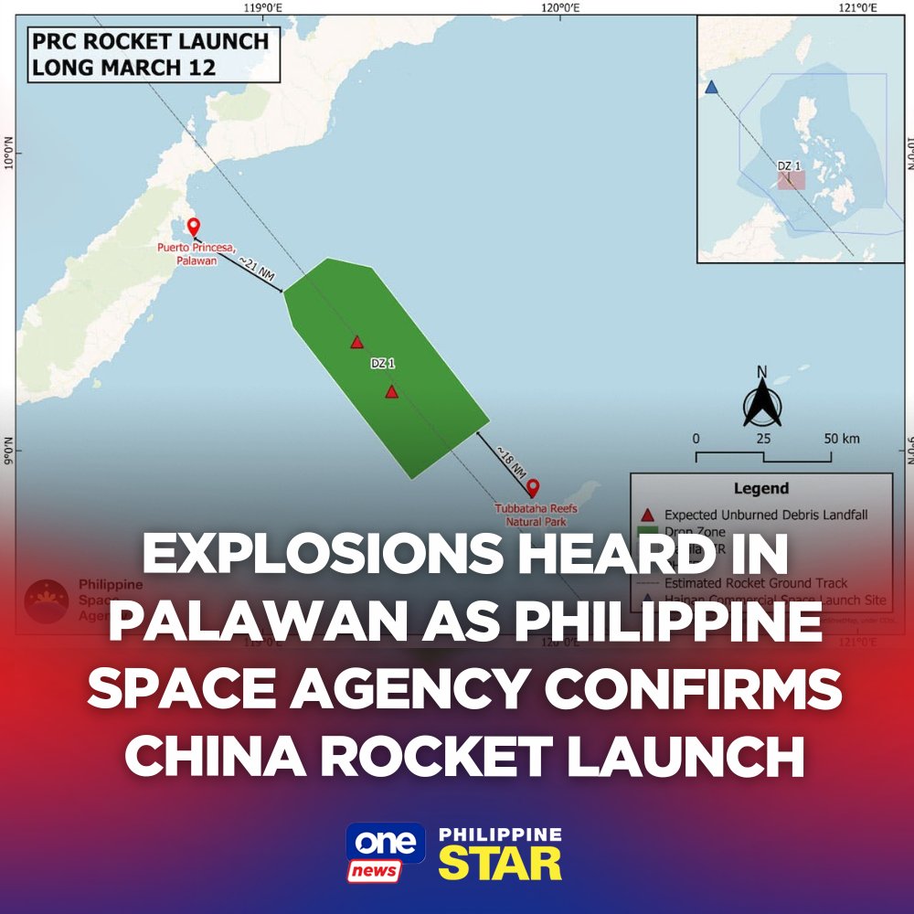 PhilippineStar's tweet photo. Explosions were heard in Puerto Princesa and nearby areas in Palawan on Monday night as the Philippine Space Agency (PhilSA) confirmed the launch of the Long March 12 rocket from China. https://t.co/EQzk7rD72a | via @onenewsph https://t.co/9f9sOYJTl4