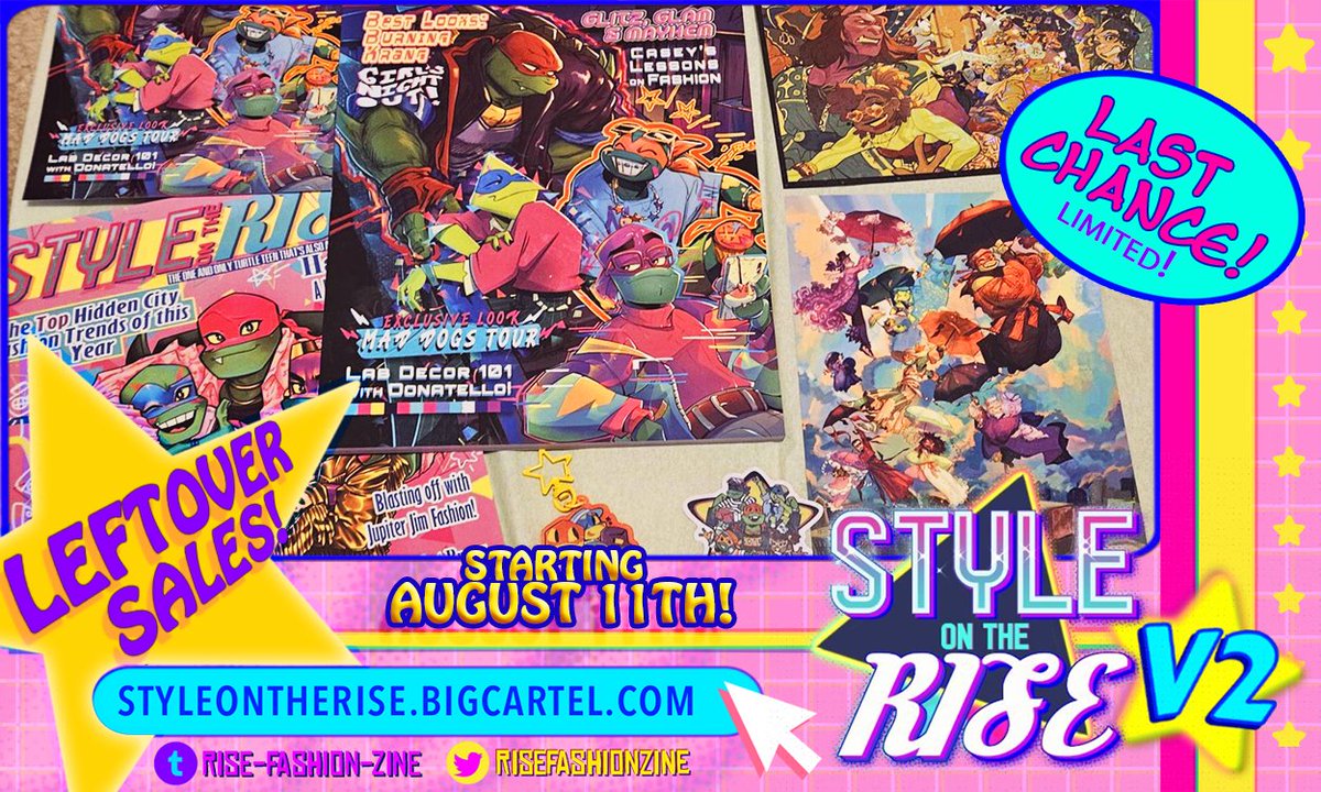 RiseFashionZine's tweet image. Cowabunga Style fam! We got some exciting news for you! ⭐️

LEFTOVER SALES WILL BE STARTING AUGUST 11TH!

We have limited stock, this will be the last chance to get these items physical so make sure to snatch them up before it's too late! 

See you there!✨