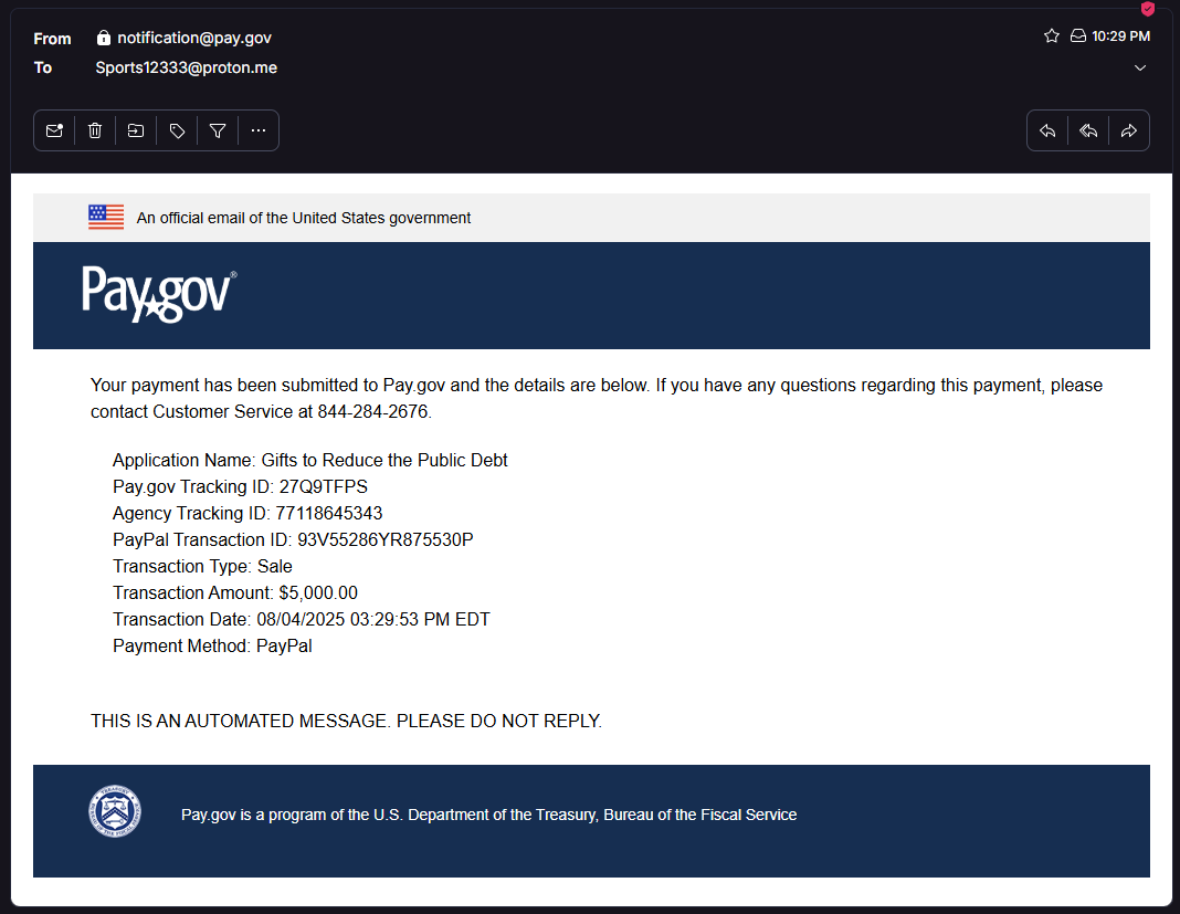 DebtCoinBonk's tweet photo. Payment #20 Complete 💰

$5,000 sent to the @USTreasury via https://t.co/zeLb2v7m62

https://t.co/zeLb2v7m62 Tracking ID: 27Q9TFPS 
Agency Tracking ID: 77118645343

Total Donated: $180,000

https://t.co/SO27la93LA