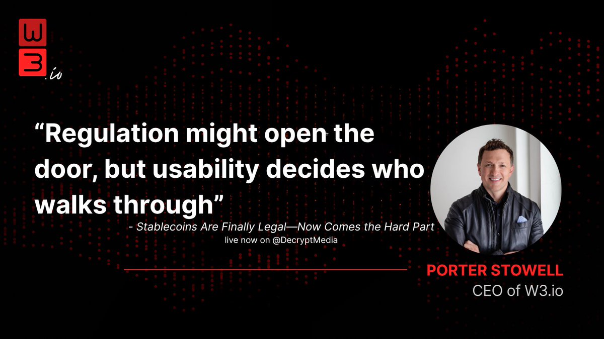 w3.io (@w3arew3) on Twitter photo The headlines say crypto’s legal. But now comes the hard part: making it usable.
“If programmable money is the input, programmable infrastructure is the missing output.”
Read <a href="/StowellPorter/">Porter Stowell</a>'s op-ed on @decryptmedia →
decrypt.co/333166/stablec… #Web3 #stablecoins #blockchain The headlines say crypto’s legal. But now comes the hard part: making it usable.
“If programmable money is the input, programmable infrastructure is the missing output.”
Read <a href="/StowellPorter/">Porter Stowell</a>'s op-ed on @decryptmedia →
decrypt.co/333166/stablec… #Web3 #stablecoins #blockchain