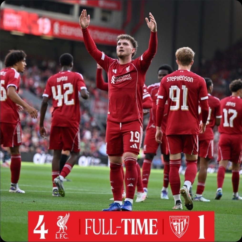 SeduiG's tweet photo. Brilliant performance at Anfield Liverpool ran riot against Athletic Bilbao — a superb tribute match marked by emotion and quality. Final score: 4‑1. Youth star Rio Ngumoha dazzled and Nunez &amp; Elliott on target. #LFC #YNWA https://t.co/UuuPsGT4KG