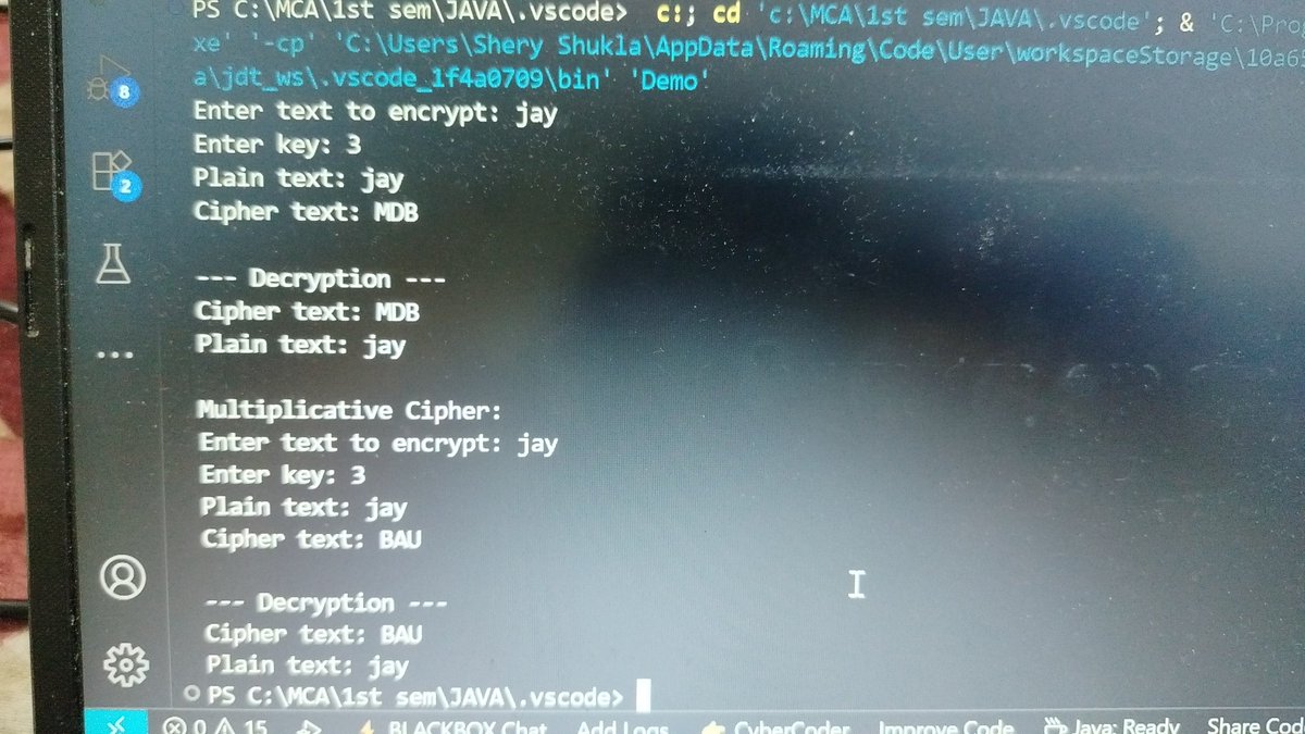 shery_shukla's tweet image. It's Day 27 of #30DayOfCodingChallenge with #Java
Today I've worked on a small java program where I converted the plain text to #Cipher text using #CaesarCipher method and cipher to plain
- Performed both encryption and decryption
- it was my college homework also 😅
#coding