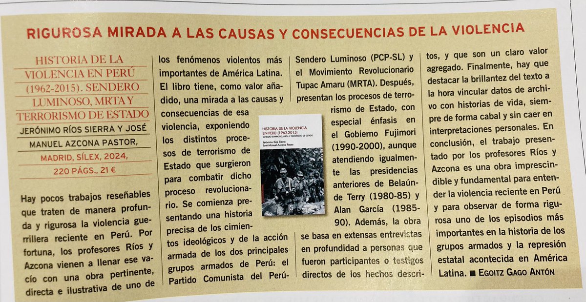 Jeronimo_Rios_'s tweet photo. Muy agradecido de poder aparecer en el número de agosto de La Aventura de la Historia. También, por la amable reseña que nos hace @EgoitzAnton. Por el momento, seguimos trabajando sobre el tema con dos artículos que saldrán en breve con material inédito. Y el próximo año, MRTA 🇵🇪 https://t.co/oXR1XUMSPA
