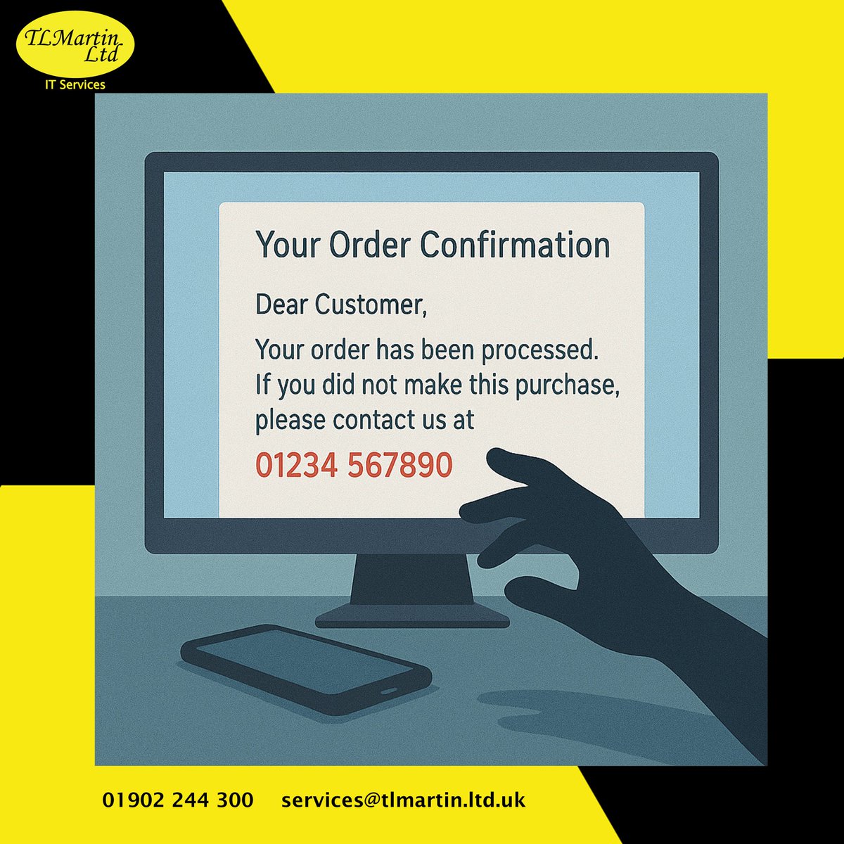 TLMartinLtd's tweet image. The Quietest Scam You’ll Ever See
It whispers.
“Thanks for your order.”
Just a phone number.
And BOOM, your wallet’s gone.
Blog breakdown 👉 tlmartin.ltd.uk/your-order-is-…
#ScamBusting #ITHelp #SmallBizSupport #tlmartinltd
