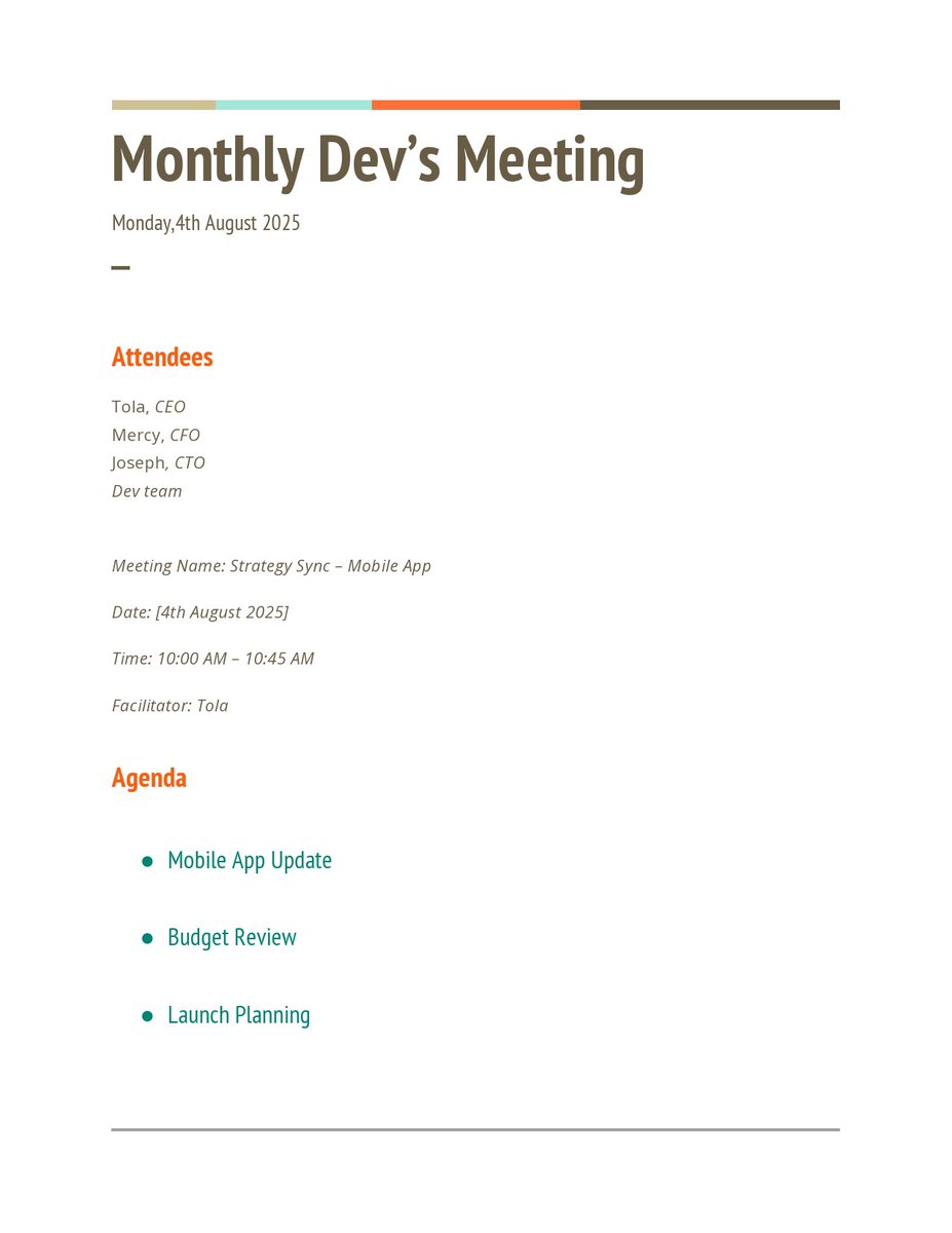 Themmesomachukw's tweet image. Compiled and submitted structured meeting notes to Tola following the strategy call.
Document includes key discussion points, action items, and proposed agenda for the next meeting.
Tagging @AlabaUmar_ for visibility.
#VirtualAssistant #AdminSupport #ExecutiveVA