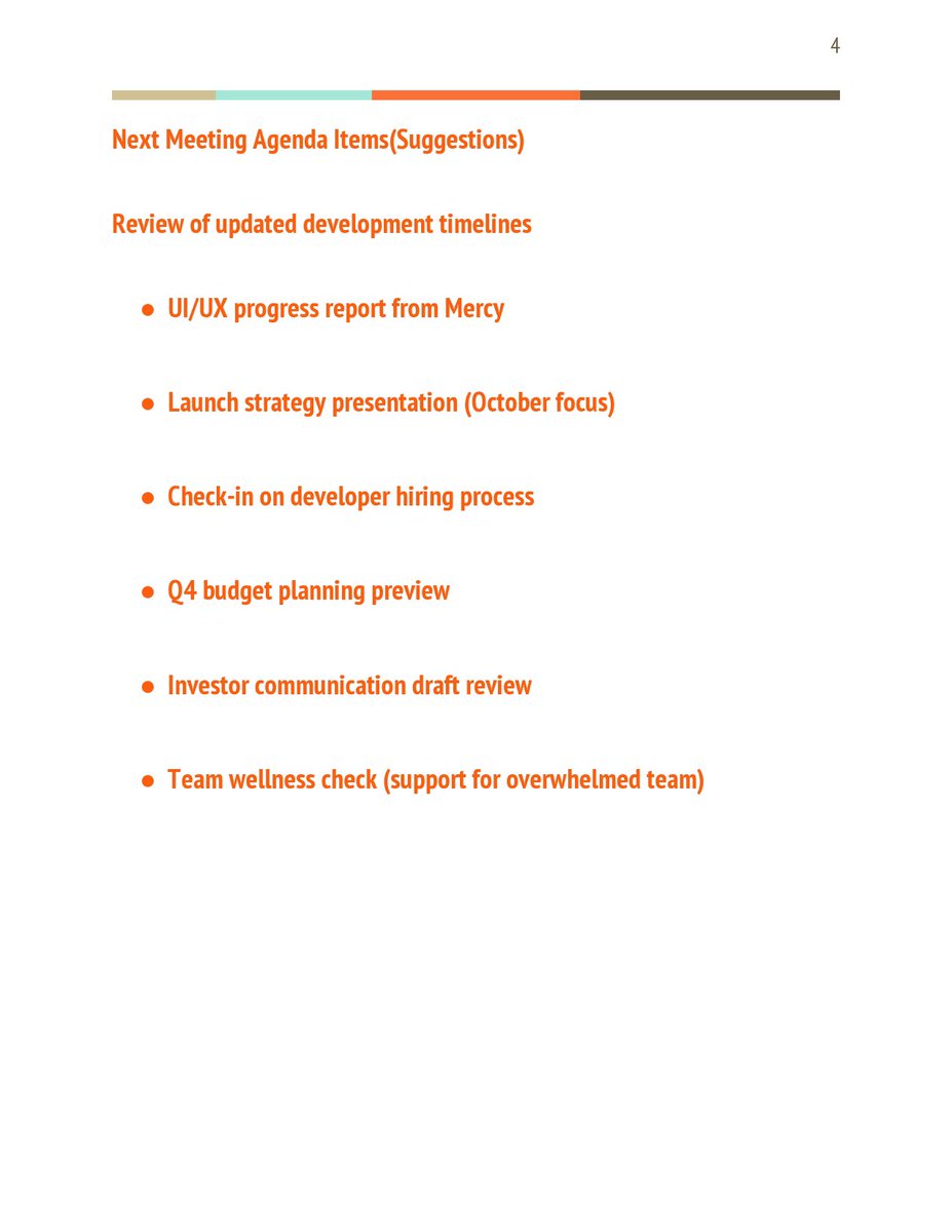 Themmesomachukw's tweet image. Compiled and submitted structured meeting notes to Tola following the strategy call.
Document includes key discussion points, action items, and proposed agenda for the next meeting.
Tagging @AlabaUmar_ for visibility.
#VirtualAssistant #AdminSupport #ExecutiveVA