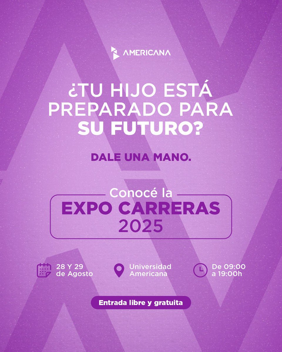 La Expo Carreras es una oportunidad para acompañarlos a descubrir su vocación con herramientas reales, sin presión y con información clara.​
📍 Universidad Americana​
 📅 28 y 29 de agosto | 🕘 09:00 a 19:00​
 🎟️ Entrada libre y gratuita