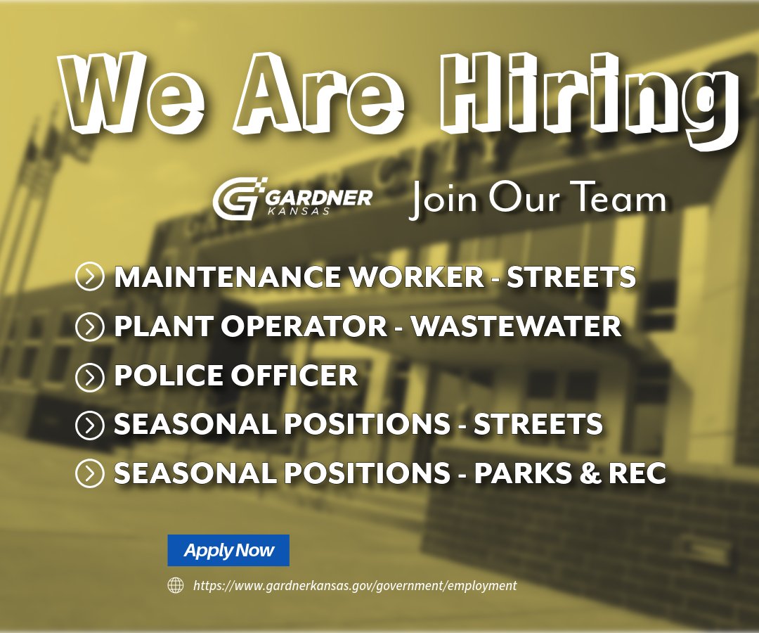 👋 Looking for your next opportunity?
The City of Gardner is hiring team players who want to make a difference—whether you're experienced or just starting out!
Apply now ➡️ gardnerkansas.gov/government/emp…
#GardnerKS #NowHiring #JoinOurTeam #GardnerProud