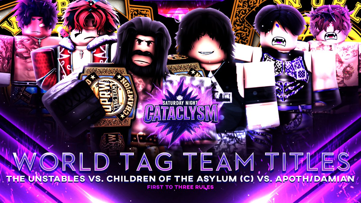 #OPRW2025 (@oprw_roblox) on Twitter photo CATACLYSM // AUGUST 9TH, 2025
WORLD TAG TEAM TITLES!
Made official TWO WEEKS BACK.. <a href="/RWMessiahKD/">Ked Darrien</a> & <a href="/santeriuh/">Comm</a> have their HANDS fall with two HUNGRY tag teams, as they defend their gold against <a href="/UnstableCryso/">Unstable Cryso</a> & <a href="/UnstableKofi263/">kofster</a>, AND <a href="/ChrisApoth/">CA</a> & <a href="/DivineDamianz/">Divine Damian</a> in a TRIPLE CATACLYSM // AUGUST 9TH, 2025
WORLD TAG TEAM TITLES!
Made official TWO WEEKS BACK.. <a href="/RWMessiahKD/">Ked Darrien</a> & <a href="/santeriuh/">Comm</a> have their HANDS fall with two HUNGRY tag teams, as they defend their gold against <a href="/UnstableCryso/">Unstable Cryso</a> & <a href="/UnstableKofi263/">kofster</a>, AND <a href="/ChrisApoth/">CA</a> & <a href="/DivineDamianz/">Divine Damian</a> in a TRIPLE