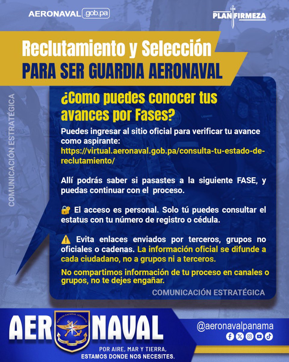 ¿Aplicaste para ser Guardia #Aeronaval? 
Recuerda que la única forma segura de conocer tu avance en el proceso de selección es a través de nuestro sitio web oficial.

Consulta directa, segura y sin intermediarios. 📲 Entra ya al enlace en la imagen y verifica tu estado.