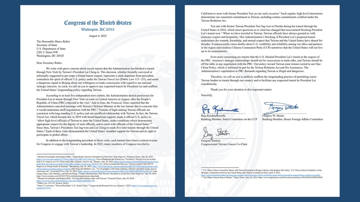 House Foreign Affairs Committee Dems (@houseforeign) on Twitter photo Today Ranking Member <a href="/RepGregoryMeeks/">Rep. Gregory Meeks</a> joined <a href="/CongressmanRaja/">Congressman Raja Krishnamoorthi</a> and <a href="/RepGregStanton/">Rep. Greg Stanton</a> in a letter to Sec. Rubio expressing concern over reports that the Trump admin blocked Taiwan President Lai Ching-te from transiting through New York en route to Central America.
Read the letter: Today Ranking Member <a href="/RepGregoryMeeks/">Rep. Gregory Meeks</a> joined <a href="/CongressmanRaja/">Congressman Raja Krishnamoorthi</a> and <a href="/RepGregStanton/">Rep. Greg Stanton</a> in a letter to Sec. Rubio expressing concern over reports that the Trump admin blocked Taiwan President Lai Ching-te from transiting through New York en route to Central America.
Read the letter: