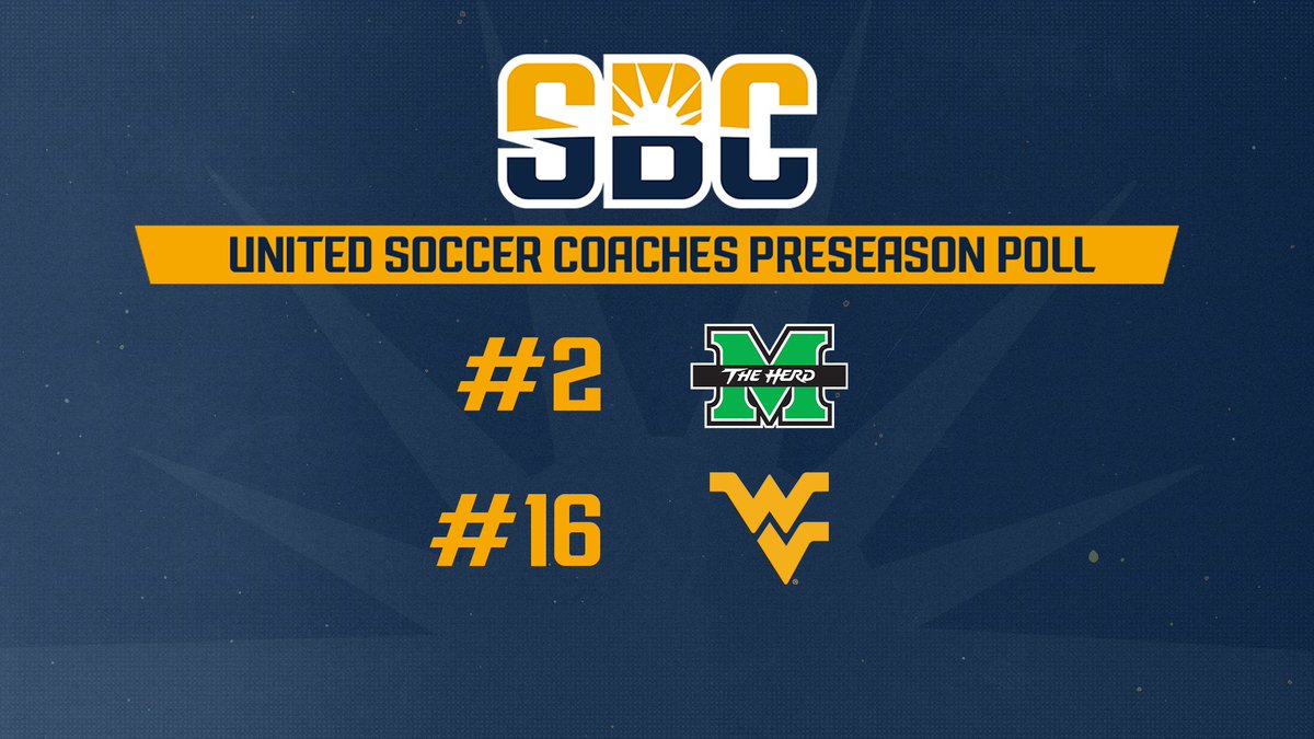 SunBelt's tweet photo. 𝗦𝗧𝗔𝗥𝗧𝗜𝗡𝗚 𝗧𝗛𝗘 𝗦𝗘𝗔𝗦𝗢𝗡 𝗜𝗡 𝗧𝗛𝗘 𝗣𝗢𝗟𝗟𝗦.

@HerdMSoccer &amp; @WVUMensSoccer start the 2025 season ranked in the @UnitedCoaches preseason poll. ☀️⚽️ https://t.co/MwpbMDNWUR