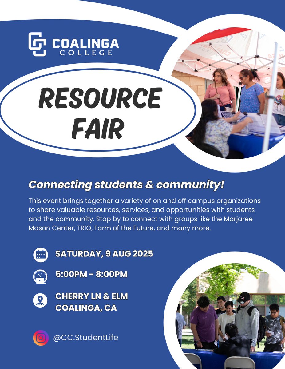 Join us for a resource fair on Saturday, August 9th, from 5:00 to 8:00 PM. Stop by to connect with groups like the Marjaree Mason Center, TRiO, the Farm of the Future, and many more.