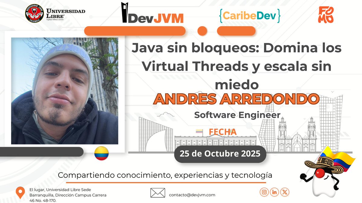 Barranquilla JUG 🇨🇴 (@jugbaq) on Twitter photo 🔥 Speaker DevJVM: ANDRES FELIPE ARREDONDO(<a href="/arredondo9608/">Andres Arredondo</a>) 🇨🇴
"Java sin bloqueos: Domina los Virtual Threads y escala sin miedo"
¿Tu app muere con 1,000 usuarios?
Virtual Threads = Game Changer:
- 1 thread tradicional = 1MB memoria
- 1 virtual thread = 1KB memoria
- 🔥 Speaker DevJVM: ANDRES FELIPE ARREDONDO(<a href="/arredondo9608/">Andres Arredondo</a>) 🇨🇴
"Java sin bloqueos: Domina los Virtual Threads y escala sin miedo"
¿Tu app muere con 1,000 usuarios?
Virtual Threads = Game Changer:
- 1 thread tradicional = 1MB memoria
- 1 virtual thread = 1KB memoria
-