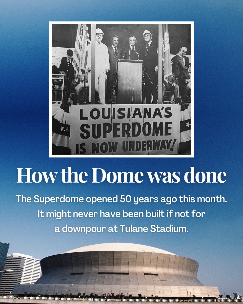 Our Superdome turns 50 this month! 🏟️ But did you know it might never have been built if it hadn’t rained—hard—at Tulane Stadium? That soggy game helped spark one of NOLA’s boldest building projects. Dive into the Dome’s origin story: 🔗 prcno.org/the-superdome-…