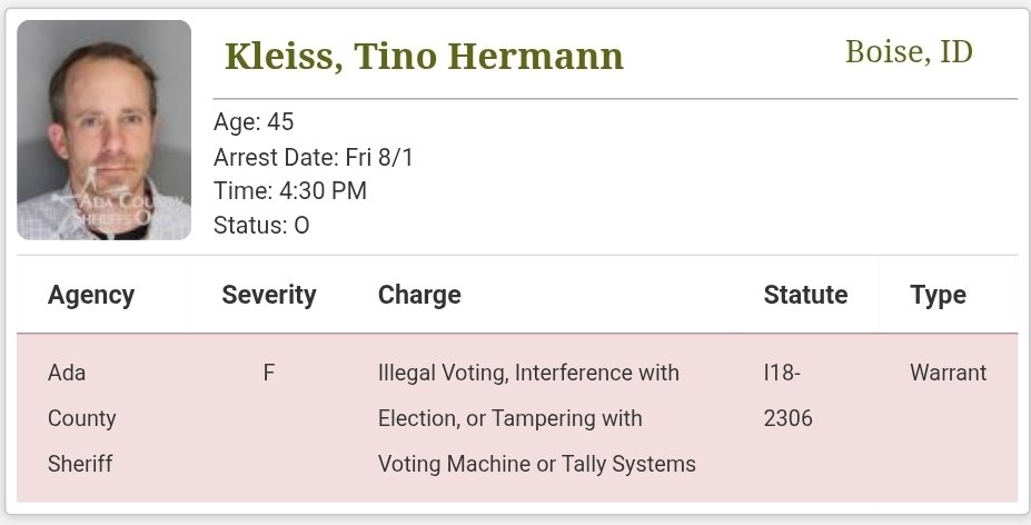 IDLibertyDogs's tweet image. Why hasn&apos;t the media covered this arrest? What is the story?

&quot;Illegal Voting, Interference with Election, or Tampering with Voting Machine or Tally Systems&quot;

#VotingFraud #IllegalVoting #ElectionInterference #ElectionTampering #ADACounty #Idaho