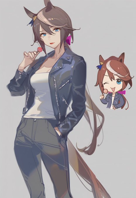 #大人ウマ娘シリーズ トウカイテイオー ペロペロキャンディと革ジャンがトレードマークの元アスリートのウマ娘のトレーナー。中央所属。破天荒なやり方から割と孤立しがちだが、そのやり方に魅了されたウマ娘も少なくない。割とスパルタ。いいウマ娘を見ると足(トモ)を触る癖がある