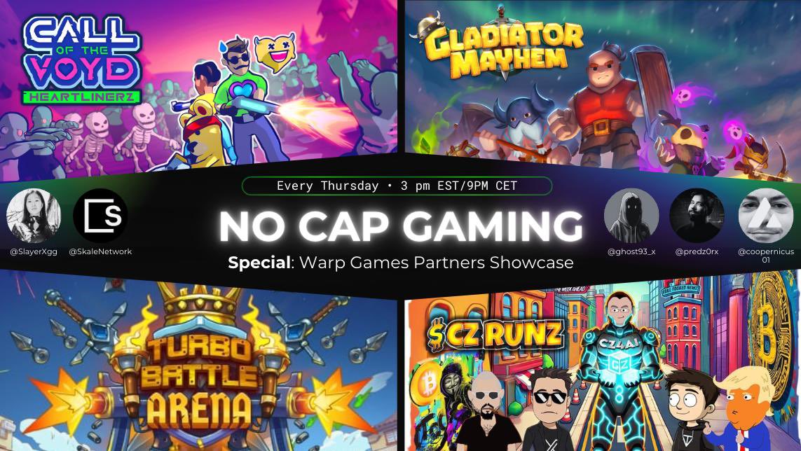 💫 Call of the VoYd ❤️🔥 (@callofthevoyd) on Twitter photo 🎙️ No Cap Gaming Special: Warp Games Partners Showcase 💫
We’re diving into the 4 titles shaping the future of Web3 gaming, with the builders behind them joining live.
📅 7th August | 3pm EST / 9pm CEST
🎮 Featured Games
• Turbo Battle Arena - <a href="/TurboArena/">Turbo Battle Arena</a>
• CZ RUNZ - 🎙️ No Cap Gaming Special: Warp Games Partners Showcase 💫
We’re diving into the 4 titles shaping the future of Web3 gaming, with the builders behind them joining live.
📅 7th August | 3pm EST / 9pm CEST
🎮 Featured Games
• Turbo Battle Arena - <a href="/TurboArena/">Turbo Battle Arena</a>
• CZ RUNZ -