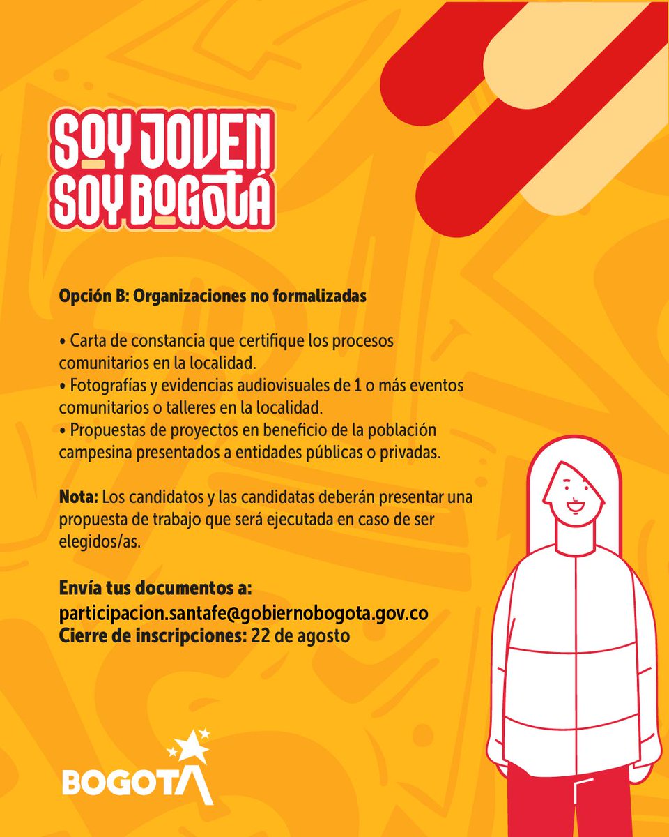Alcaldía Santa Fe (@alcaldiasantafe) on Twitter photo ¿Quieres representar a tu comunidad en los Consejos de Juventud?
Si eres joven y perteneces a comunidades campesinas o eres víctima del conflicto armado, esta convocatoria es para ti.
Envía tus documentos a 👉participacion.santafe@gobiernobogota.gov.co. ¿Quieres representar a tu comunidad en los Consejos de Juventud?
Si eres joven y perteneces a comunidades campesinas o eres víctima del conflicto armado, esta convocatoria es para ti.
Envía tus documentos a 👉participacion.santafe@gobiernobogota.gov.co.