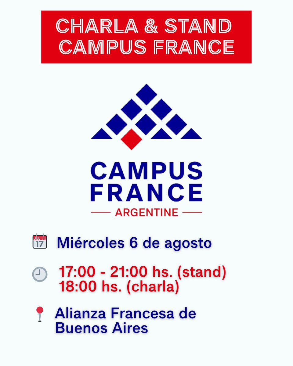 ¿Querés estudiar en Francia 🇨🇵 y no sabés por dónde empezar?

📢Vení e informate sobre las posibilidades de estudios superiores y becas en Francia.

🗓 06/08, 17-21 hs.
📍Alianza Francesa de Buenos Aires, Av Córdoba 946 CABA

👉argentine.campusfrance.org/agenda/puertas…